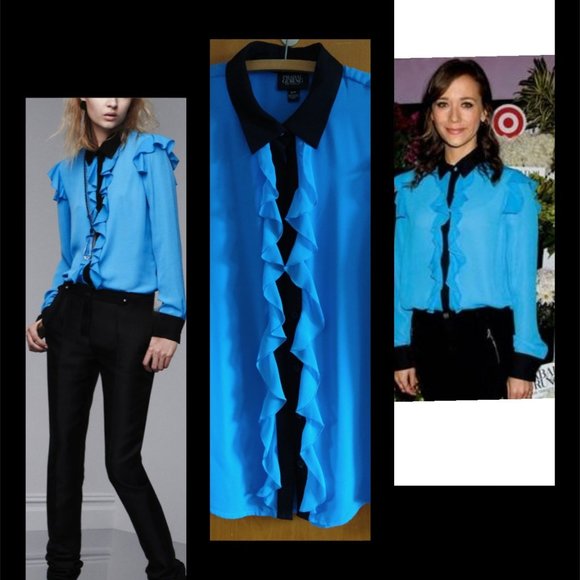 Prabel Gurung x Target blue long sleeve blouse w/black accents & ruffles Small - Picture 14 of 16